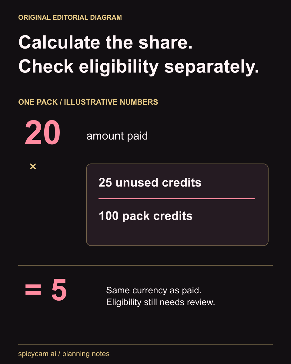 SpicyCam single-pack refund arithmetic illustration: amount paid 20 times unused credits 25 divided by pack credits 100 equals 5 in the same currency. This example is not a refund promise. Multiple-pack allocation and Premium time follow separate conditions, and provider review still applies.